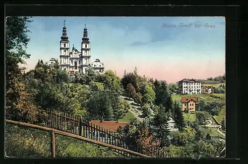 AK Maria Trost b. Graz, Ortsansicht mit Wallfahrtskirche