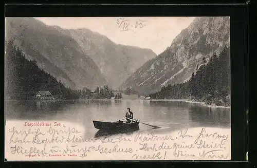 AK Eisenerz, Lepoldsteiner See mit Ruderpartie und Bergpanorama
