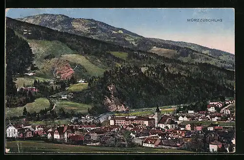 AK Mürzzuschlag, Ortsansicht aus der Vogelschau mit Hügeln