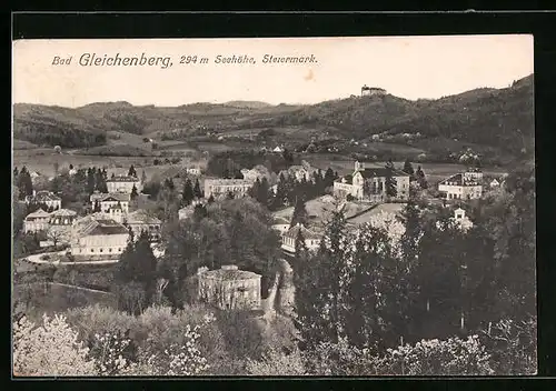AK Gleichenberg, Ortsansicht aus der Vogelschau mit Hügeln