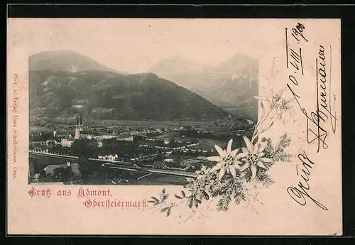 AK Admont, Ort mit Kirche vor Bergpanorama