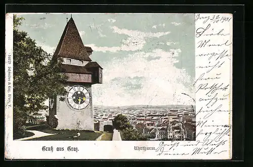 AK Graz, Uhrturm über den Dächern der Stadt