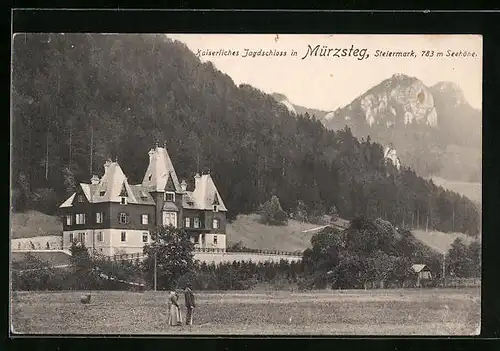 AK Mürzsteg, Kaiserliches Jagdschloss vor Berg mit Felsen