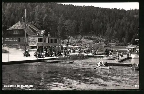 AK Mariazell, Urlauber am Erlaufsee, Schiffer-Hütte Fritz Eppel