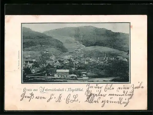 AK Unterreichenbach / Nagoldtal, Ortsansicht mit Eisenbahn