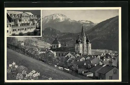 AK Mariazell, Das Marienheim, Ort vor Bergpanorama
