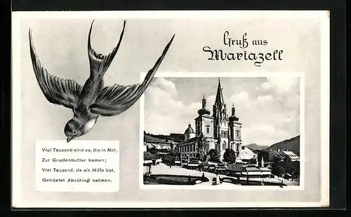 AK Mariazell, Frontansicht der Gnadenkirche, Vogel mit Brief