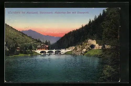 AK Walstern /Mariazell, Hubertus-See mit Stauwerk bei Abendrot