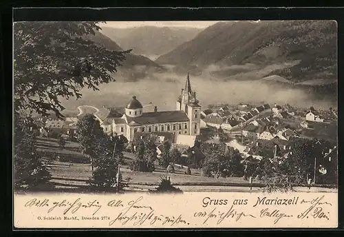 AK Mariazell, Wallfahrtskirche aus der Vogelschau