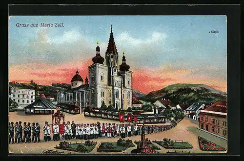 AK Maria Zell, Prozession vor der Basilika