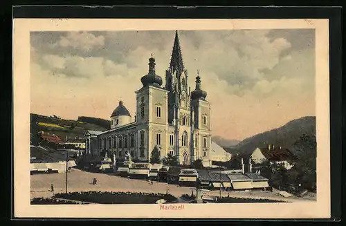 AK Mariazell, Kirchenfront mit Doppelturm