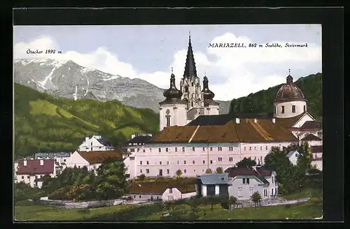 AK Mariazell, Rückansicht der Kirchenanlage, Ötscher