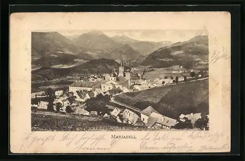 Präge-AK Mariazell, Ortspartie vor Bergpanorama