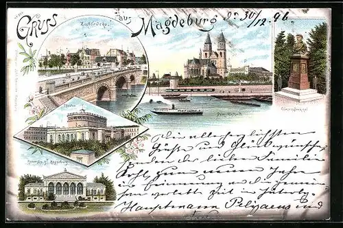 Lithographie Magdeburg, Herrenkrug, Theater, Zollbrücke