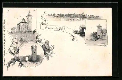 Künstler-AK Neu-Bulach, Kirche, Turm, Tor