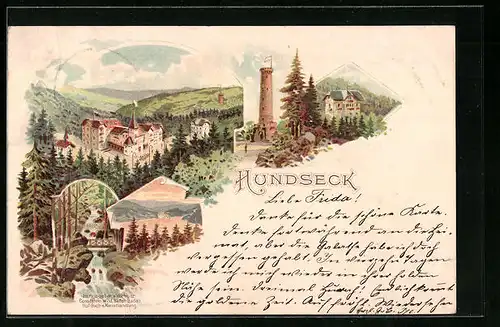 Lithographie Hundseck, Hotel, Wasserfall, Turm