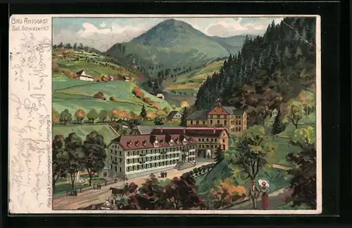 Lithographie Bad Antogast /Bad. Schwarzwald, Ortspartie