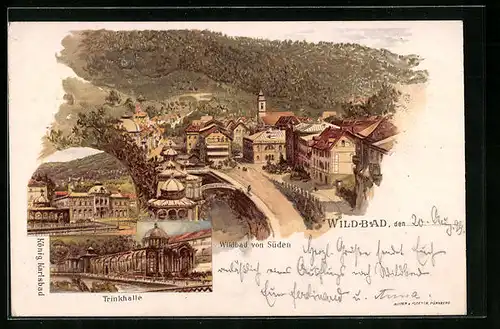 Lithographie Wildbad, Teilansicht mit Strassenpartie von Süden, Trinkhalle, Ortspartie