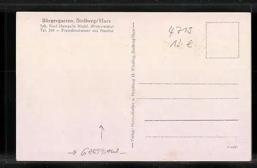 AK Stolberg /Harz, Gasthaus Bürgergarten, Innenansicht