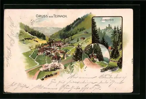Lithographie Teinach, Teilansicht, Zavelstein, Ortspartie