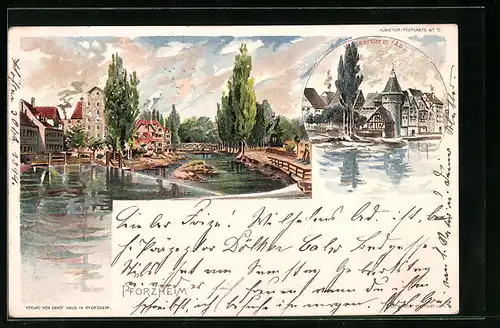 Lithographie Pforzheim, Brücke am Lindenplatz, Wasserturm, Ortspartie