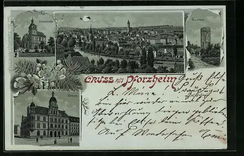 Mondschein-Lithographie Pforzheim, Schlosskirche, Rathaus, Wartthurm, Gesamtansicht