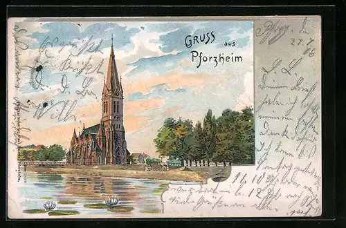 Lithographie Pforzheim, Kirche vom Teich aus gesehen