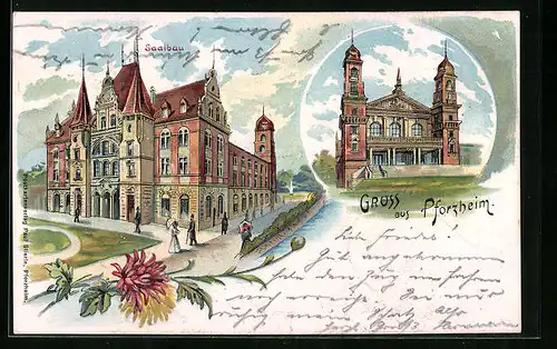 Lithographie Pforzheim, Spaziergänger am Saalbau