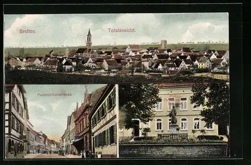 AK Bretten, Totalansicht, Melanchthonstrasse mit Denkmal
