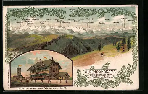 Lithographie Feldberg /Schwarzwald, Gasthaus zum Feldbergturm, Alpenpanorama