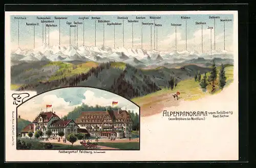 Lithographie Feldberg /Schwarzwald, Gasthaus Feldbergerhof, Alpenpanorama