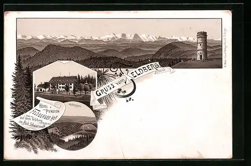 Lithographie Feldberg /Schwarzwald, Hotel Feldberger Hof, Feldbergturm, Alpenpanorama