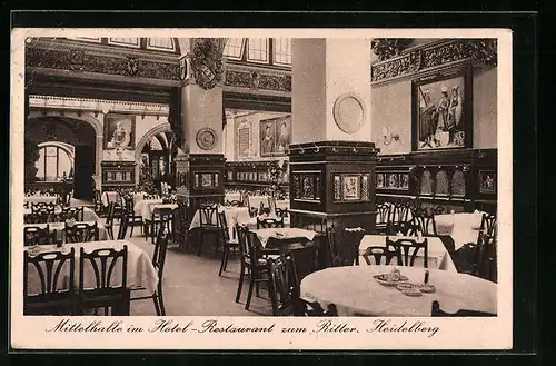 AK Heidelberg, Mittelhalle im Hotel-Restaurant zum Ritter