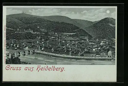 Mondschein-Lithographie Heidelberg, Gesamtansicht mit der Neckar