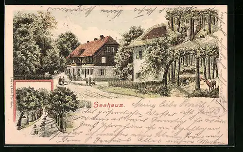 Lithographie Pforzheim, Gasthof Seehaus, Wald mit Reh, Allee