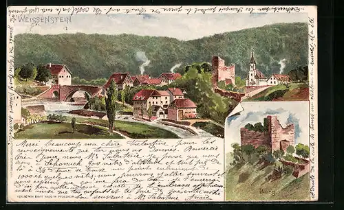 Lithographie Weissenstein, Ortsansicht aus der Vogelschau und Burg