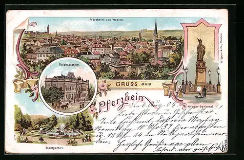 Lithographie Pforzheim, Ortsansicht von Westen, Reichspostamt, Stadtgarten