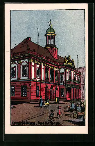 Steindruck-AK Magdeburg, Rathaus mit Marktständen