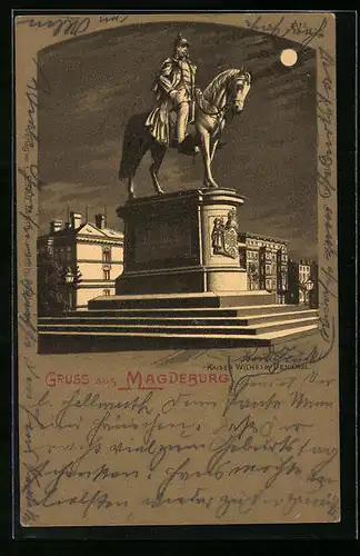 Mondschein-AK Magdeburg, Kaiser Wilhelm-Denkmal bei Vollmond