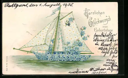 Künstler-AK Segelboot mit blauen Blumen bedeckt - Geburtstagsgruss