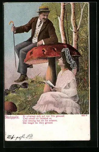 Künstler-AK Liebespaar mit riesigem Pilz im Gespräch auf einer Wiese