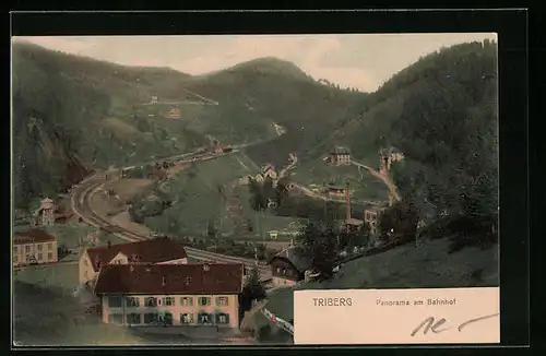 AK Triberg, Panorama am Bahnhof