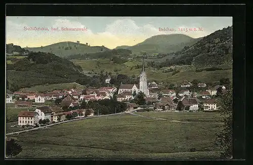 AK Schönau / Schwarzwald, Ort mit Kirche, Belchen