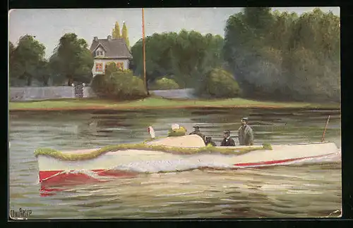 Künstler-AK Christopher Rave: Das erfolgreichste deutsche Rennboot früher Blitz-Mädel jetzt Mercedes genannt, 1904