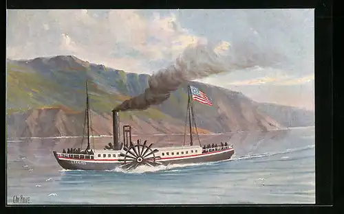 Künstler-AK Christopher Rave: Erster Raddampfer auf dem Hudson, 1807