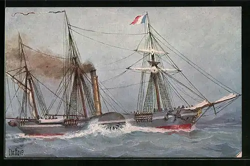 Künstler-AK Christopher Rave: Französischer Raddampfer in der ersten Hälfte des 19. Jahrhunderts