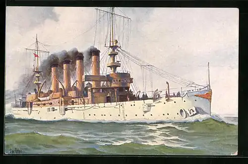 Künstler-AK Christopher Rave: Charleston, Panzerkreuzer der Vereinigten Staaten in Fahrt, 1904