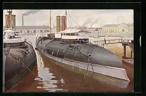 Künstler-AK Christopher Rave: Cherbourg, Französische Küstenpanzerboote im Hafen 1907