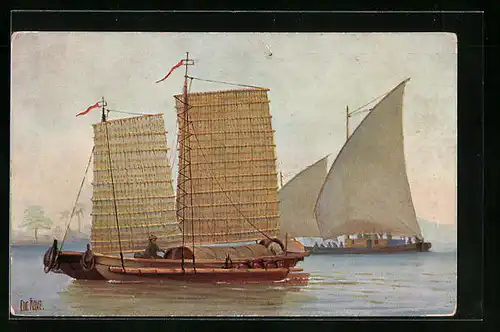 Künstler-AK Christopher Rave: Philippinen, Kleineres Transportboot mit Mattensegeln, 19. Jahrhundert