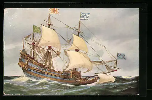Künstler-AK Christopher Rave: Französisches Kriegsschiff Zweidecker La couronne auf hoher See, 1667